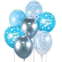 Balniky latexov Happy Birthday strieborn/modr s bodkami 30 cm 7 ks