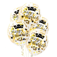 Balniky latexov transparentn s konfetami Happy Birthday zlat 30 cm, 1 ks