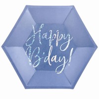 Tanieriky Happy Birthday hranat modr holografick 20 cm 6 ks