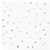 Servtky papierov biele so striebornmi hviezdami 33 x 33 cm 10 ks