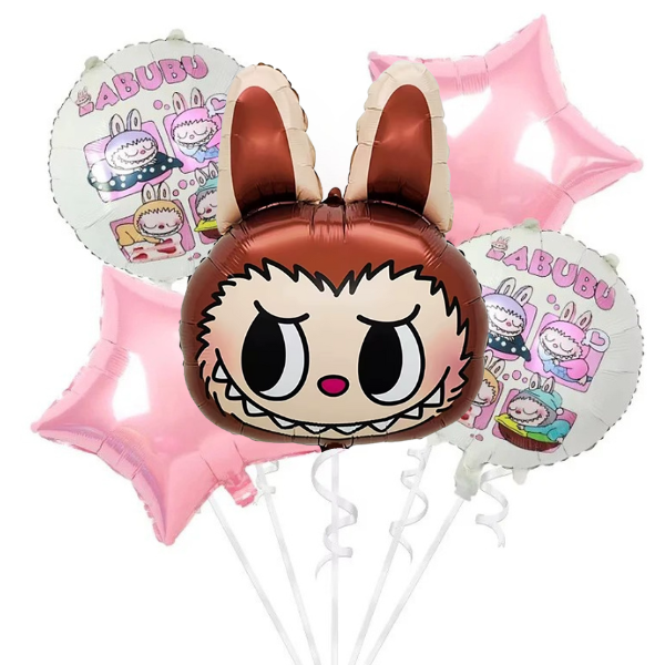 Balónkový buket Labubu hnědý s růžovými hvězdami 5ks