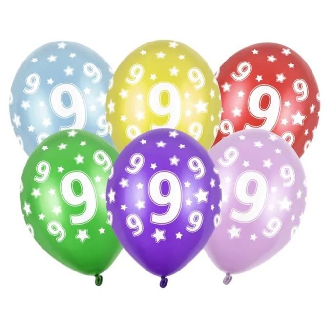Balónky latexové metalické s číslem 9, 6 ks