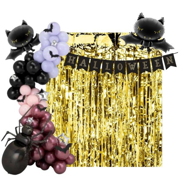 Halloween - fotopozadí s balonkovou dekorací a bannerem