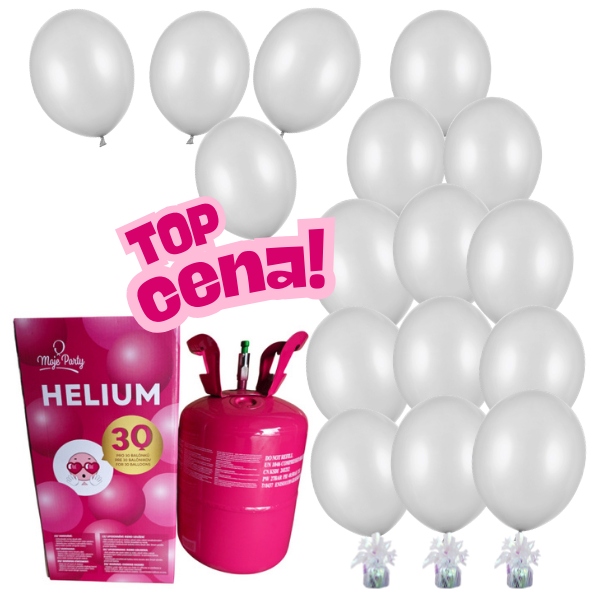 Helium s 18 bílými metalickými balonky + 3 těžítka