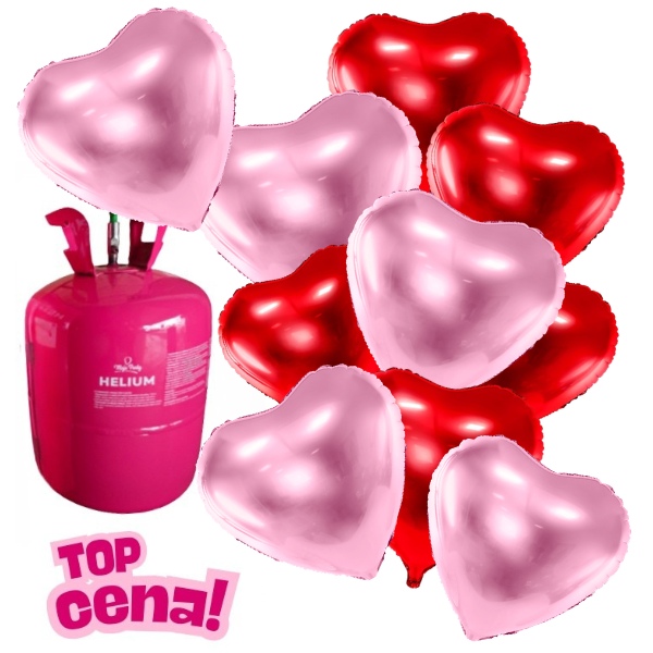 Helium s balonky srdce 10 ks - růžové a červené