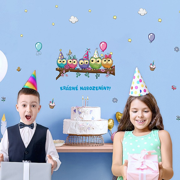 Nálepka na fotozeď Sovičky Krásné narozeniny modrý 45x65 cm
