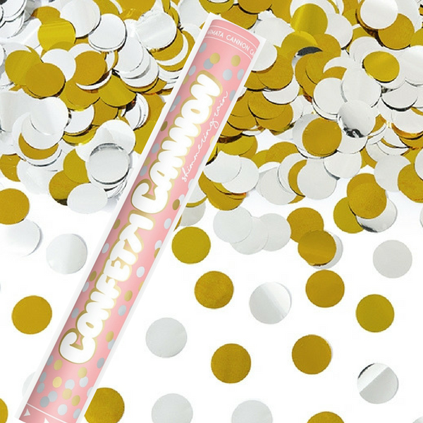 Vystreľovacie konfety zlaté a strieborné bodky 60 cm