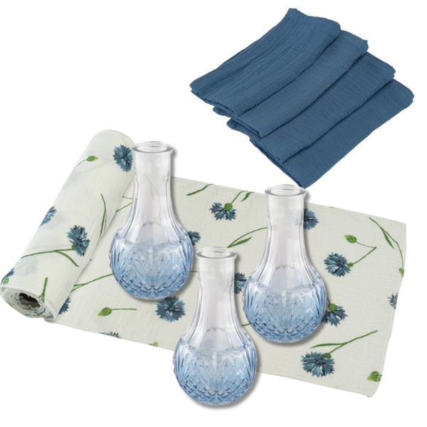 Set na stůl - šerpa stolová s ubrousky a važíčkami (chrpa, ocelově modrá, modré sklo)