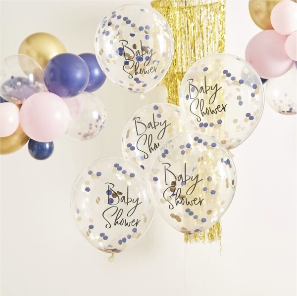 Balóniky latexové Baby Shower transparentné s modrými a ružovými konfetami 5 ks