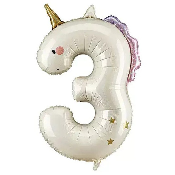 Balónek fóliový číslo 3 jednorožec 93 cm