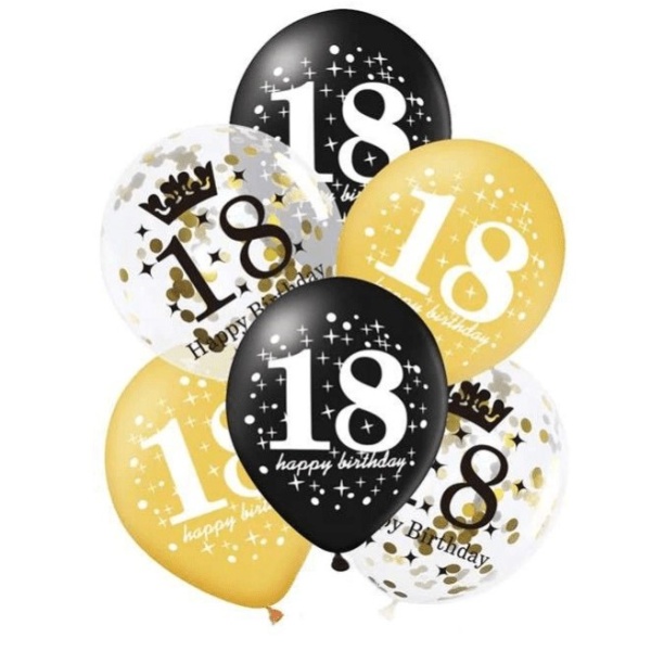 Balóniky latexové 18. narodeniny čierna/zlatá mix 30 cm 6 ks