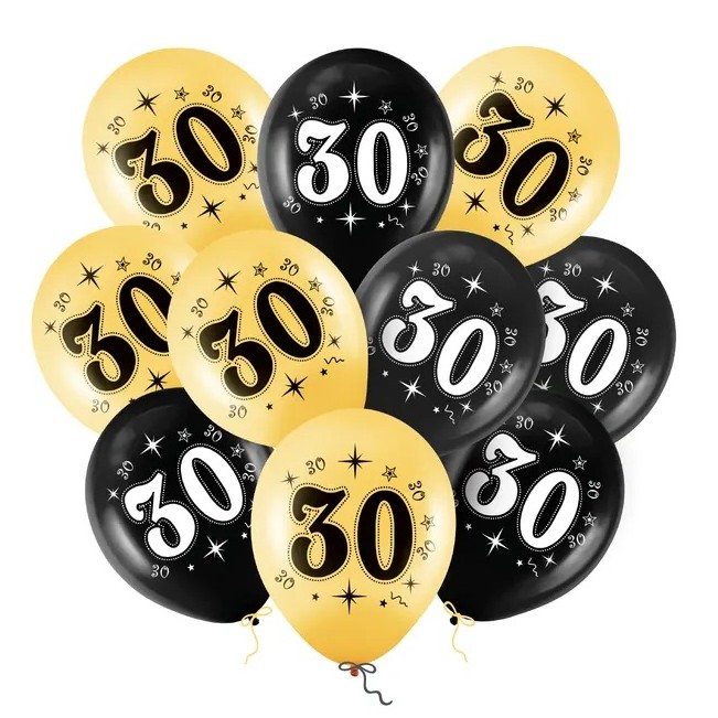 Balónky latexové 30. narozeniny černo-zlaté 30cm 10ks