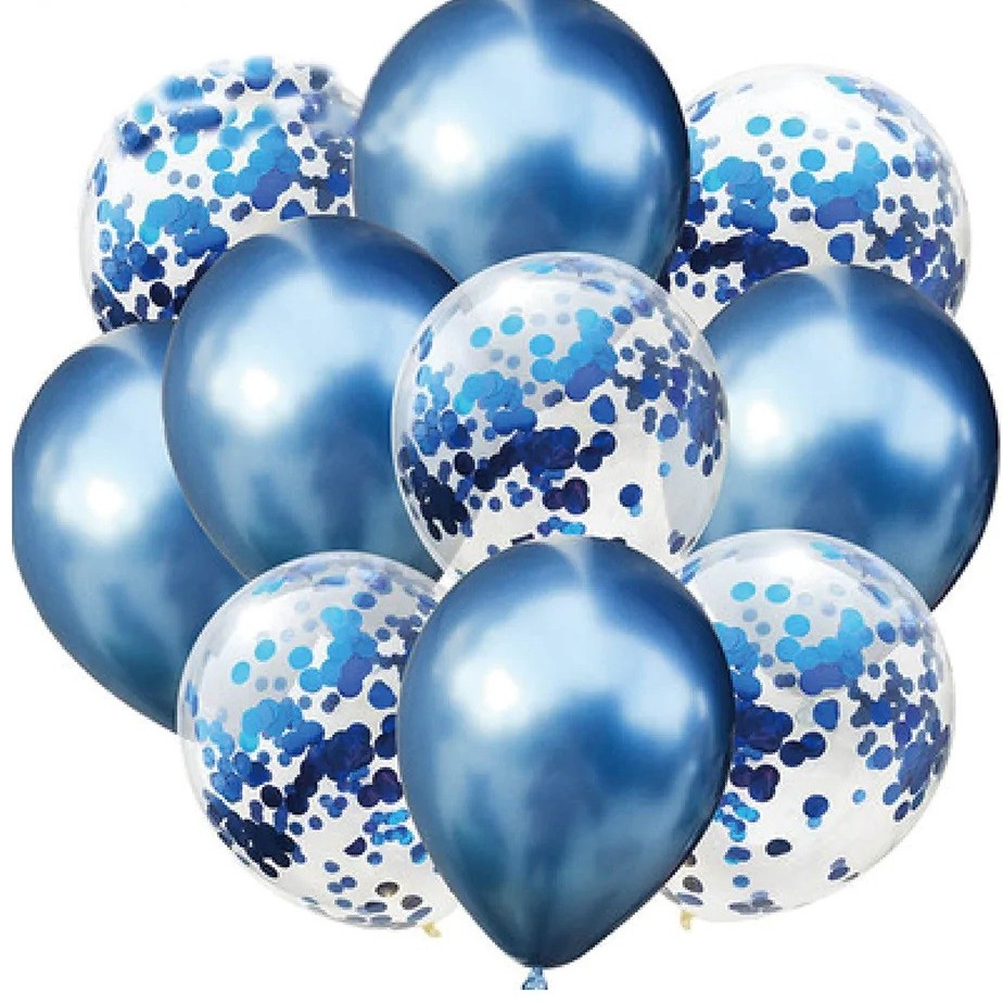 Balónky latexové chromové s konfetami modré 30 cm 10 ks