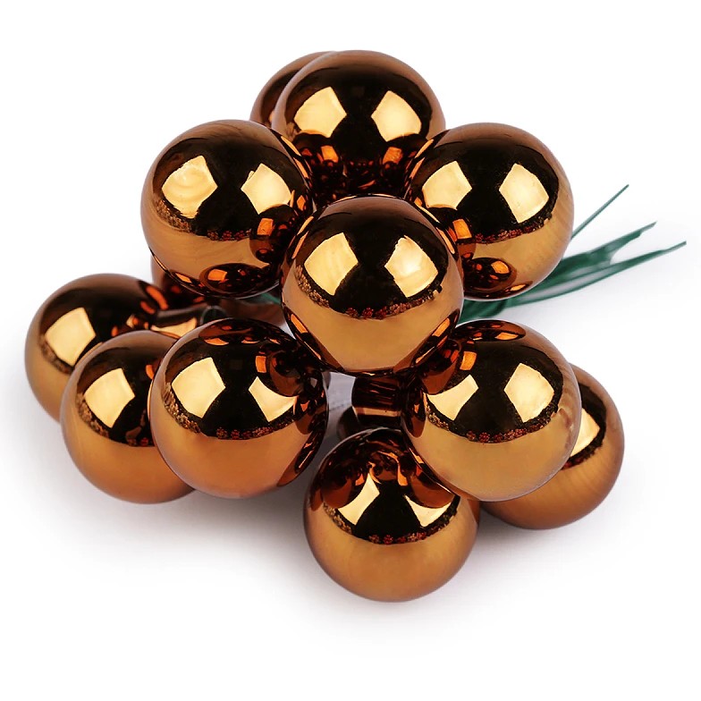 Baňka ozdobná na drátku tmavá zlatá lesklá 12 ks