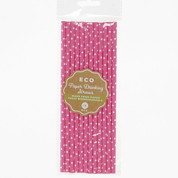 Brčka papírová růžová s puntíky 12 ks