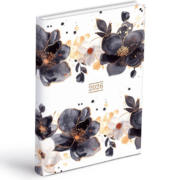 Diář 2026 bílý s černými květy