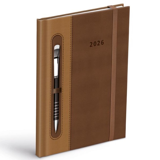 Diář 2026 hnědý s propiskou a gumou