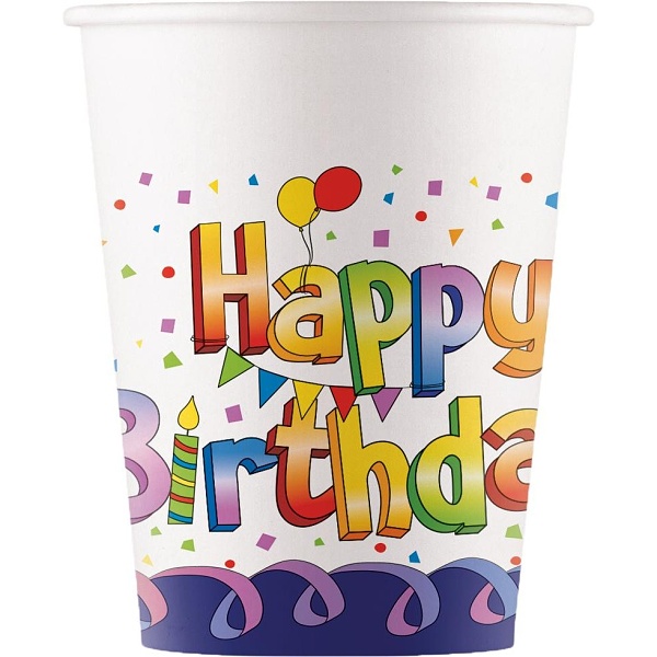 Kelímky papírové Happy Birthday modrý okraj 200 ml 8 ks