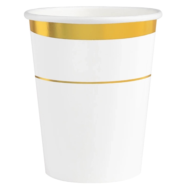 Kelímky papírové bílé se zlatým proužkem 270 ml 6 ks