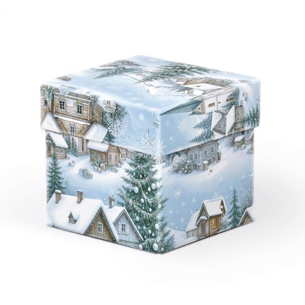 Krabice dárková zasněžená krajina 8x8x8cm