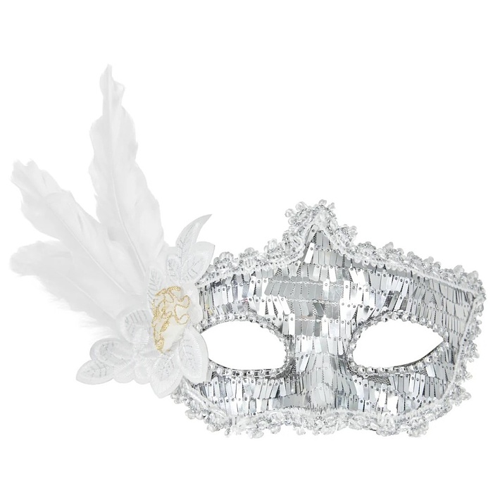 Maska karnevalová stříbrná s peřím
