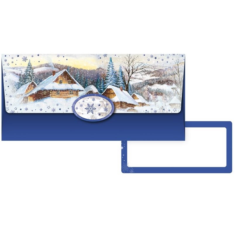 Obálka na peníze vánoční modrá s chaloupkou