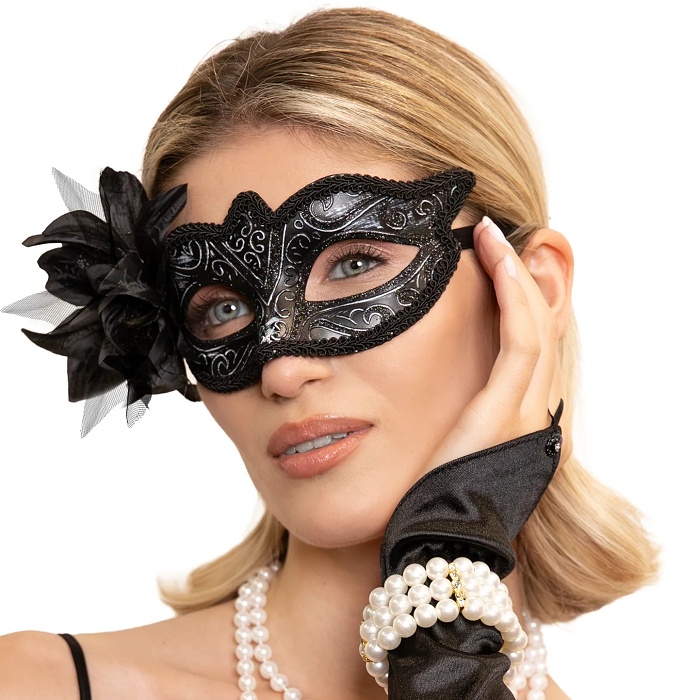 Škraboška karnevalová černá s květinou