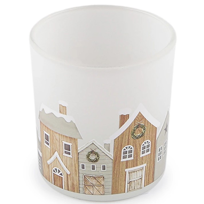 Svícen skleněný bílý se světlými domečky