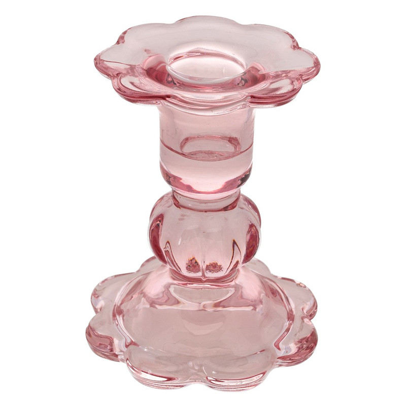 Svietnik sklenený na nôžke na úzku sviečku Kvet pastelovo ružový 8 x 10 cm