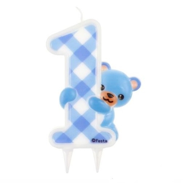 Sviečka 1. narodeniny s medvedíkom modrá 10 cm