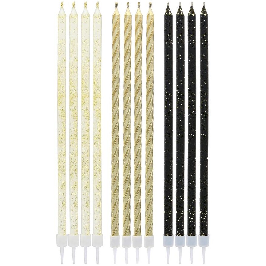 Svíčky černo-zlaté se třpytkami 15 cm 12 ks