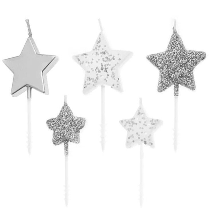 Svíčky dortové Hvězdy stříbrné 5 ks