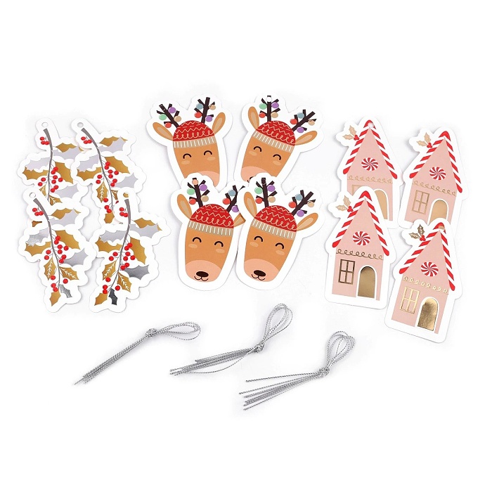 Visačky vánoční (jmelí, sob, domečky) 12 ks