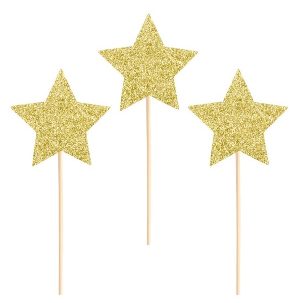 Zápichy na tortu a cupcakes Hviezdy trblietavé zlaté 10 cm 6 ks
