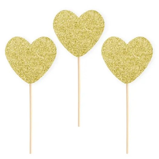 Zápichy na dort zlatá srdce 6 ks