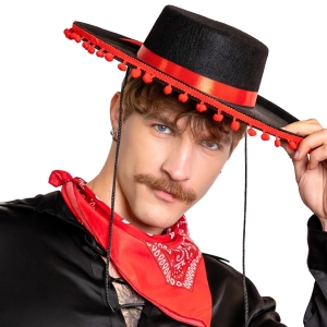 Klobouk mexický černý s červenými bambulkami