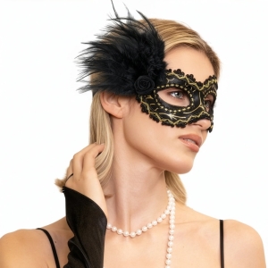 Maska karnevalová černo-zlatá s peřím