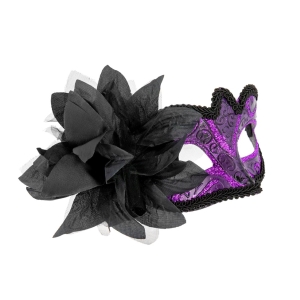 Škraboška karnevalová černo-fialová s květinou