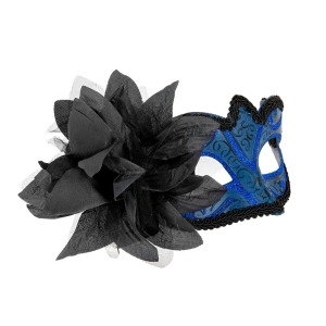 Škraboška karnevalová černo-modrá s květinou