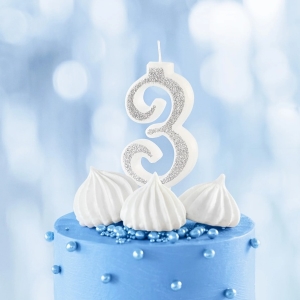 Svíčka narozeninová číslo "3" třpytivá stříbrná 7 cm