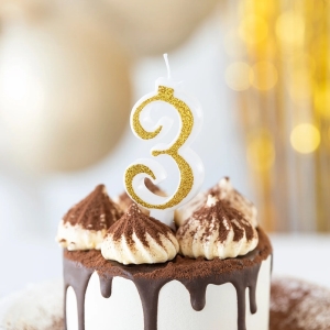 Svíčka narozeninová číslo "3" třpytivá zlatá 7 cm