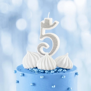 Svíčka narozeninová číslo "5" třpytivá stříbrná 7 cm