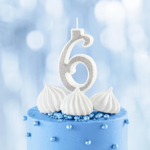 Svíčka narozeninová číslo "6" třpytivá stříbrná 7 cm