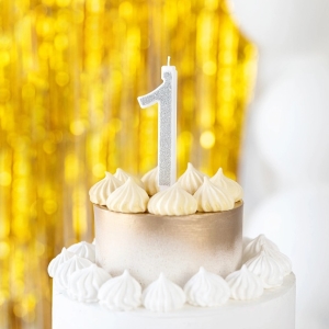 Svíčka narozeninová číslo "1" třpytivá stříbrná 13 cm