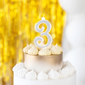 Svíčka narozeninová číslo "3" třpytivá stříbrná 13 cm