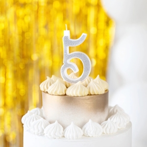 Svíčka narozeninová číslo "5" třpytivá stříbrná 13 cm