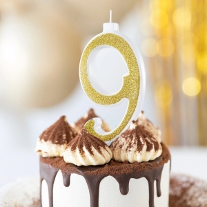 Svíčka narozeninová číslo "9" třpytivá zlatá 13 cm