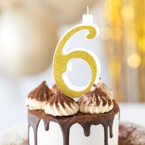 Svíčka narozeninová číslo "6" třpytivá zlatá 13 cm