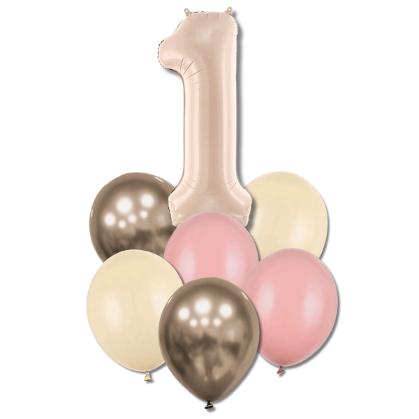 Balónkový buket s číslicí 1 - (tm.béžová, zaprášená růže,alabastr,prosecco chrom.)
