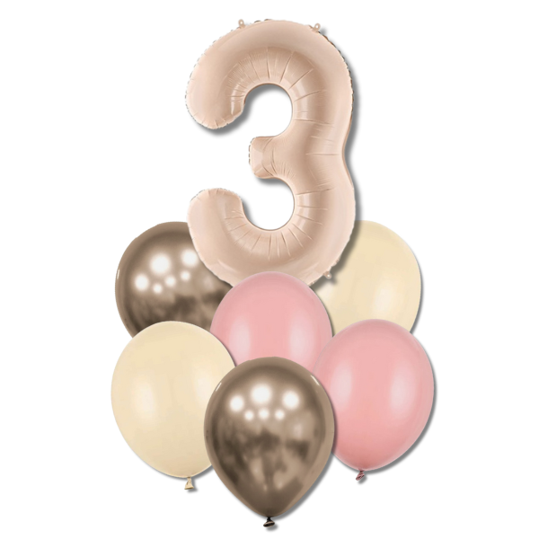 Balónkový buket s číslicí 3 - (tm.béžová, zaprášená růže,alabastr,prosecco chrom.)